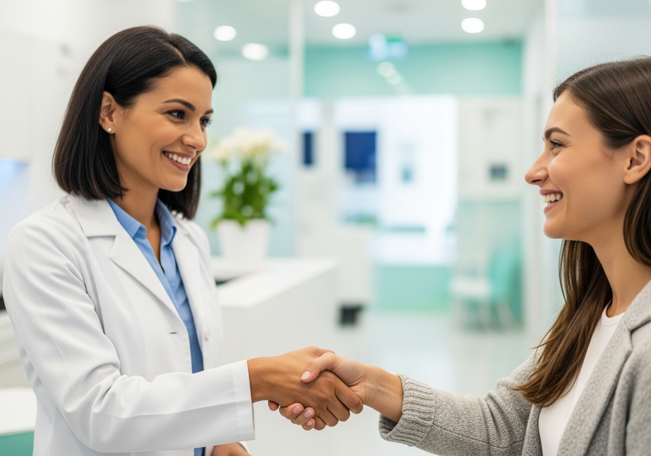 Herzliche Begr&uuml;&szlig;ung einer Patientin am Empfang
