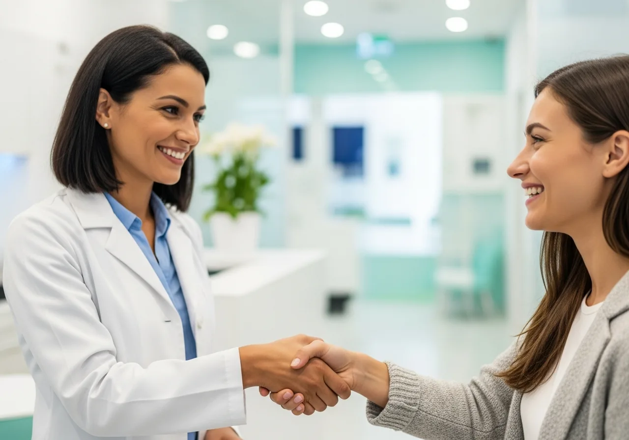 Herzliche Begrüßung einer Patientin am Empfang